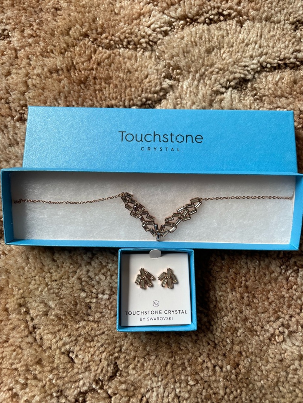 Touchstone Crystal Rose Gold Crystal V-Shape Necklace & Stud Earrings Set